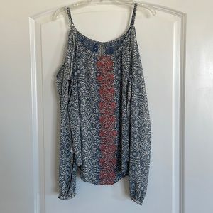 Blue, white, and pink off the shoulder blouse, size medium